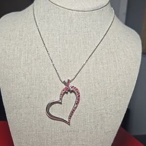 Vintage open heart with red rhinestones silver color necklace